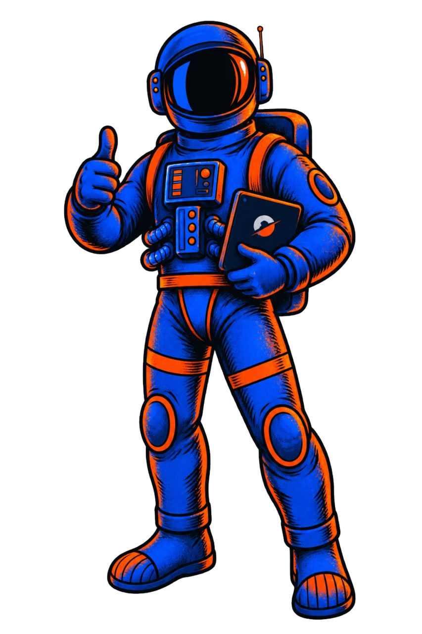 One Giant Leap astronaut giving a thumbs up, holding a tablet with the OGL mark