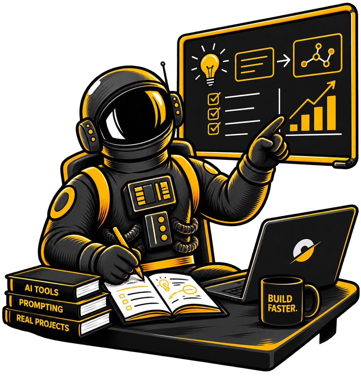 One Giant Leap astronaut at a desk with AI books, pointing at a lesson board